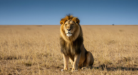 A male lion sits proudly in a wide grassland. 
