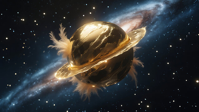 Golden celestial body with feather accents in space - Powered by Adobe