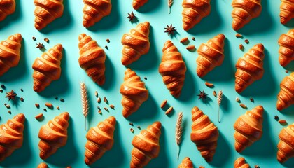 Minimal composition features repeating croissant layout on colorful background with crisp bakery texture and warm lighting
