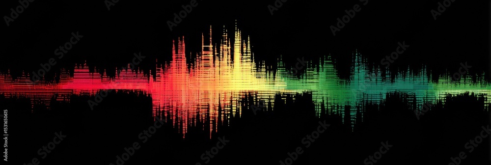 Poster voice assistant waveform exhibiting collapse with glitch traces in a dark setting