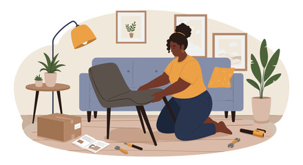 Woman assembling chair in cozy living room with tools