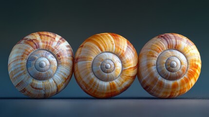 Three Spiral Snail Shells in a Row on Gradient Background, Natural Symmetry and Texture with Warm Earth Tones, Close-Up Still Life for Nature and Design Concepts