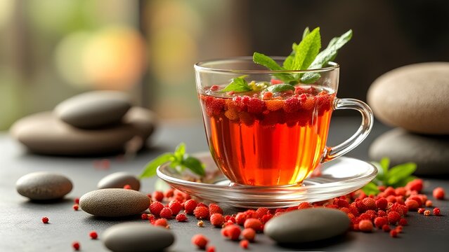 A glass cup filled with red herbal tea garnished with fresh mint and red berries, surrounded by smooth black stones and scattered berries on a dark surface.