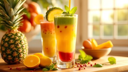 Two vibrant layered fruit smoothies garnished with mint and cucumber, surrounded by fresh fruits on a wooden table with soft natural light.