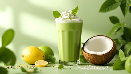 A tall glass of creamy matcha smoothie topped with whipped cream, surrounded by fresh lemon, lime, halved coconut, and green leaves on a light green background.