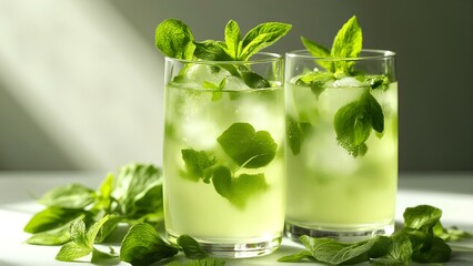 Two refreshing glasses of mojito with ice cubes and fresh mint leaves on a light surface, surrounded by additional mint sprigs.