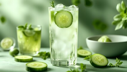 A refreshing glass of cucumber-infused sparkling water garnished with fresh herbs and ice, surrounded by cucumber slices and a bowl of lime.