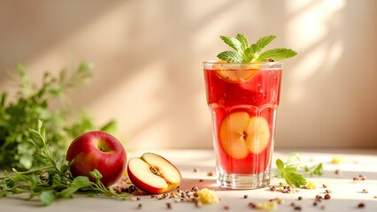 A refreshing glass of red apple-infused drink garnished with mint, surrounded by fresh apples and herbs on a light surface.