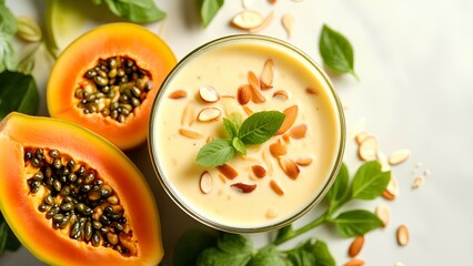 A creamy papaya smoothie garnished with mint leaves and papaya seeds, surrounded by fresh papaya halves and green leaves on a white surface.