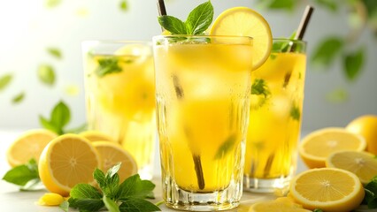 Three refreshing glasses of iced lemon tea garnished with mint leaves and lemon slices, surrounded by fresh lemons and mint sprigs.