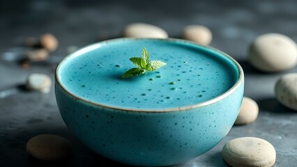 A serene blue bowl filled with frothy liquid, garnished with a fresh mint leaf, surrounded by smooth white and beige stones on a dark surface.