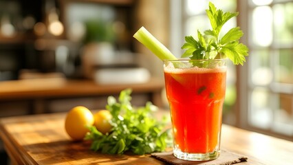 A refreshing Bloody Mary cocktail garnished with celery and parsley sits on a wooden table bathed in warm natural light.