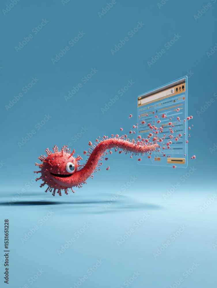 Poster suspicious download bar infected with a virus tentacle extending towards the screen in a digital env