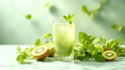 A refreshing kiwi juice in a glass garnished with mint leaves, surrounded by fresh kiwi halves and mint sprigs on a marble surface.