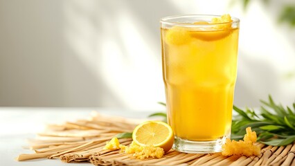 A refreshing glass of orange juice with ice cubes, garnished with orange peel, placed on a bamboo mat with sliced orange and flower petals around.