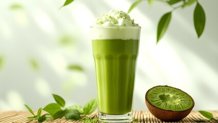 A vibrant green kiwi smoothie topped with whipped cream, surrounded by fresh leaves and a halved kiwi fruit on a bamboo mat.