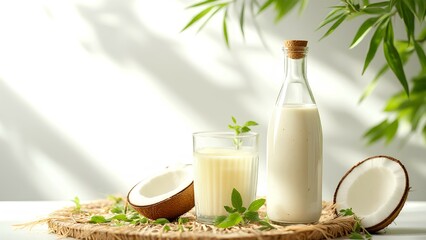 A bottle and glass of creamy coconut milk surrounded by fresh coconut halves and green leaves on a woven mat.