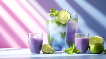 Refreshing lavender drinks with lime and mint garnish on a white surface against a pastel pink and purple background with striped light.