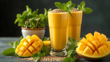 Two glasses of fresh mango smoothie garnished with mint leaves and chia seeds, surrounded by fresh mango cubes and a potted mint plant.