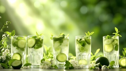 Refreshing glasses of cucumber-infused water with mint and lime, set against a bright, green, natural background.