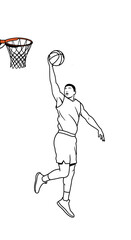 Basketball player jumping for slam dunk in line drawing style