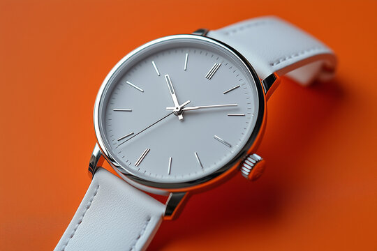 Minimalist white Wristwatch with white clock face with white Leather Strap on a light orange Background, Product photography - Powered by Adobe