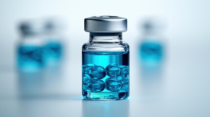 Blue liquid in glass vial with floating solid spheres