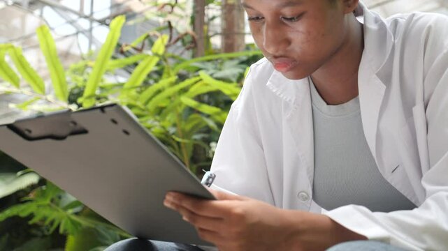 Young scientist in agricultural farm education studies plant growth carefully while holding clipboard and taking notes in natural farm environment filled with green plants and natural light