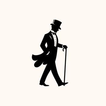 gentleman wear tuxedo suit and tophat walking with stick	
