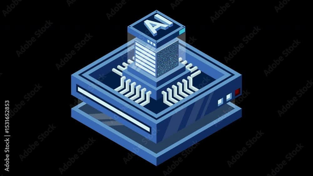 Fototapete Artificial intelligence micro chip animation. Quantum computing. Artificial intelligence computer. Isometric machine programming. Transparent background with alpha channel
