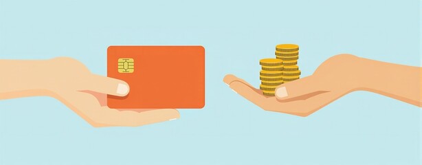 Two hands face each other holding coins and chip card, cash or card payment preference