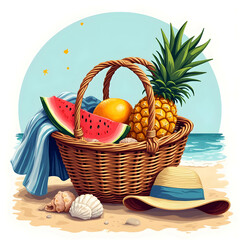 Tropical fruit basket with pineapple and watermelon on the beach  