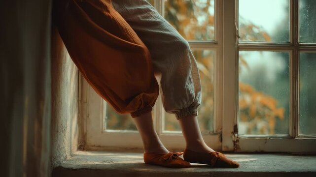 Sunlight illuminates a woman's legs as she sits by a window, wearing loose fitting linen pants and orange slippers, enjoying the view of the outside world