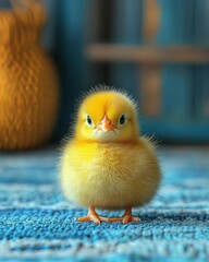 Fluffy yellow chick staring on blue woven surface