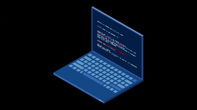 Isometric laptop animation. 3d isometric laptop computer. Abstract programming language and program code on a laptop screen. Transparent background with alpha channel