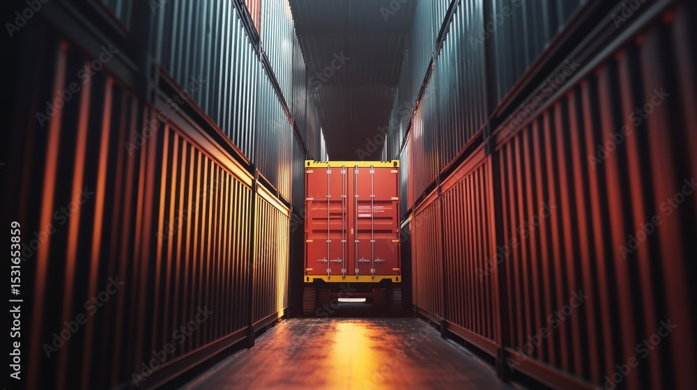 Aufkleber a single red shipping container stands out amidst rows of dark containers in a warehouse.