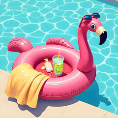 Pink flamingo pool float with drink and towel by the water's edge  