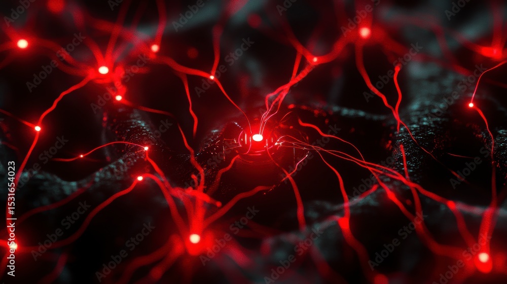 Aufkleber microscopic view of glowing red neural network connections.