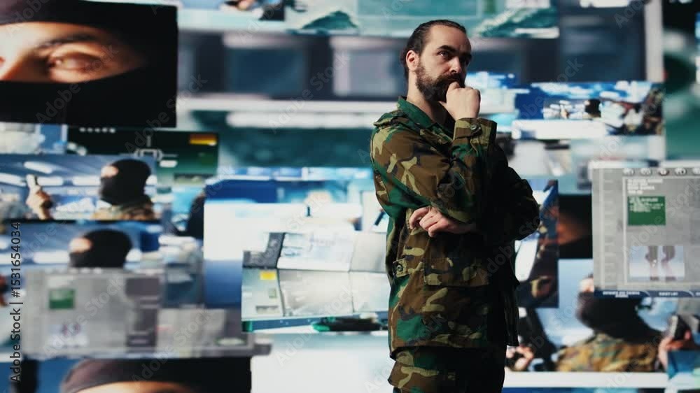 Aufkleber male army officer operates from a mission command center with digital tech, monitoring satellite int