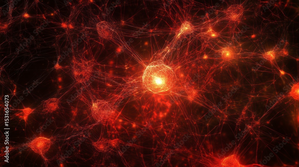 Poster Microscopic view of glowing red neurons connected by synapses, intricate neural network.
