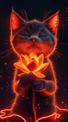 Cute cat, glowing, holding lotus