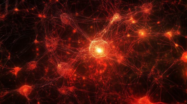 Microscopic view of glowing red neurons connected by synapses, intricate neural network.