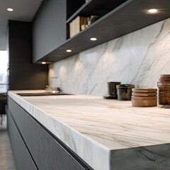 Modern kitchen countertop with marble. Dark gray cabinetry, white marble, and recessed lighting