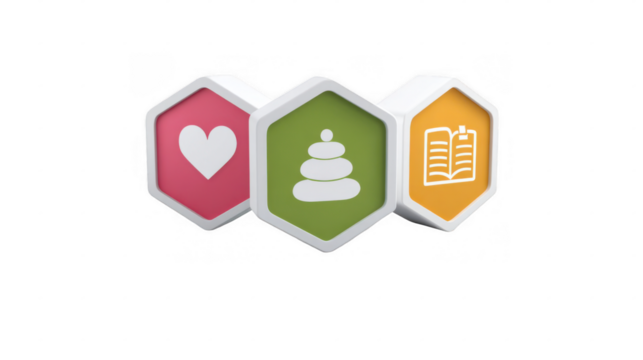 Colorful hexagonal icons representing love, meditation, and learning symbolize a holistic approach to self care and personal growth, promoting mindfulness and balance with transparent background