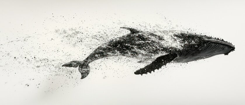 Humpback whale dissipating into particles on white