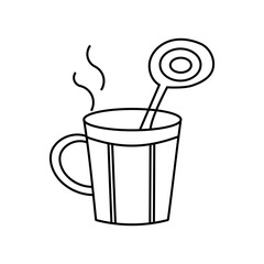 Coffee mug icon. Warm drink symbol. Stirring spoon detail. Black outline art.