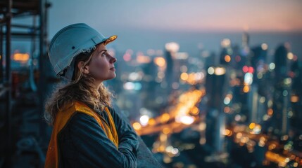 Visionary in Cityscape: An architect in a construction zone looks towards a sprawling cityscape in early morning light, ready to build a building.
