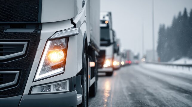 Fleet of Trucks on Icy Road: A convoy of semi-trucks navigates a snow-covered highway, the lead truck's headlights illuminating the treacherous path.