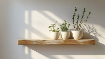 Sunlit Herbs in Minimalist White Pots on Rustic Wooden Shelf