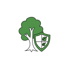 Tree shield icon. Nature vector symbol. Green leaf design. White background.